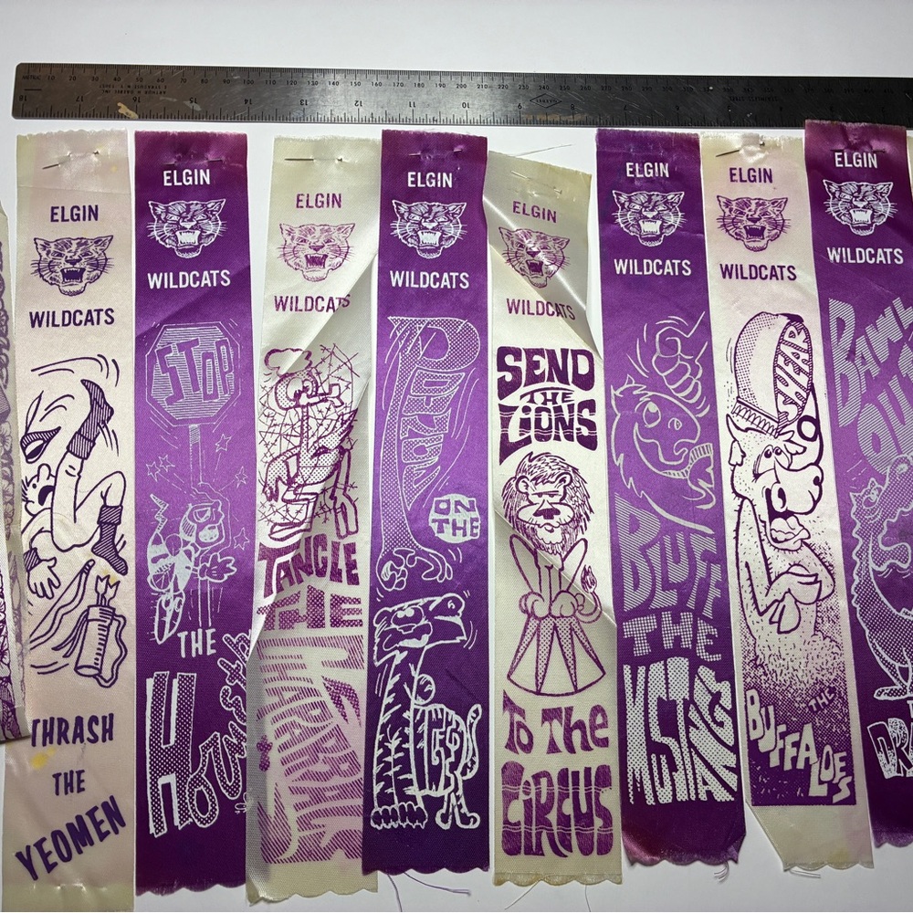 Lot of 10 Vintage High School Ribbons - Purple & White - Elgin TX Wildcats 1970s